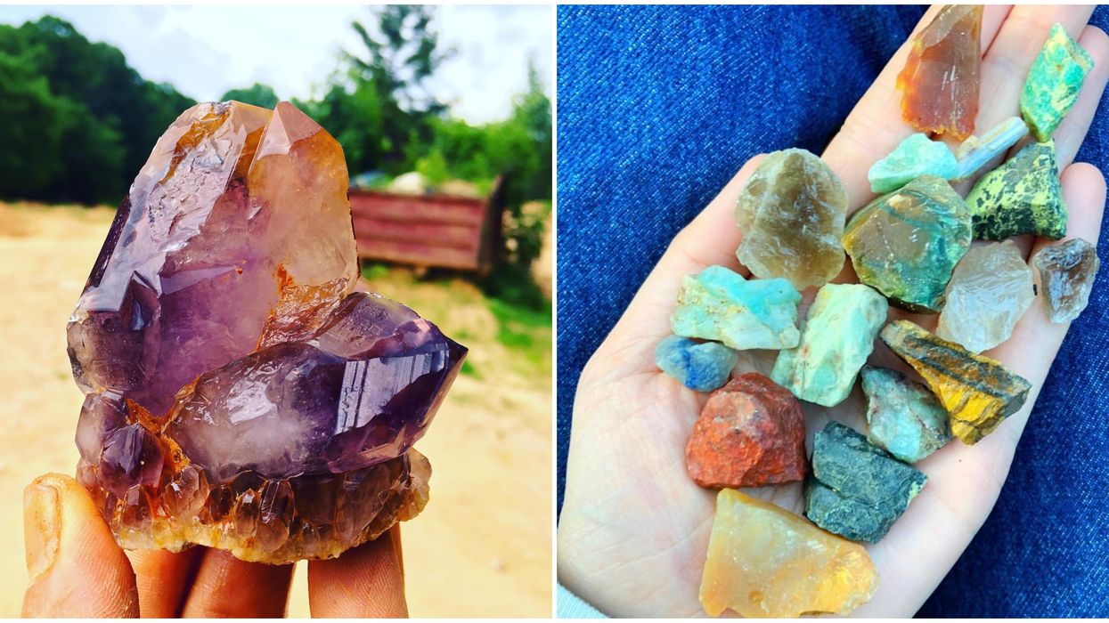 A purple amethyst found at Diamond Hill Mine. Right: A handful of crystals found at Emerald Hallow Mine.