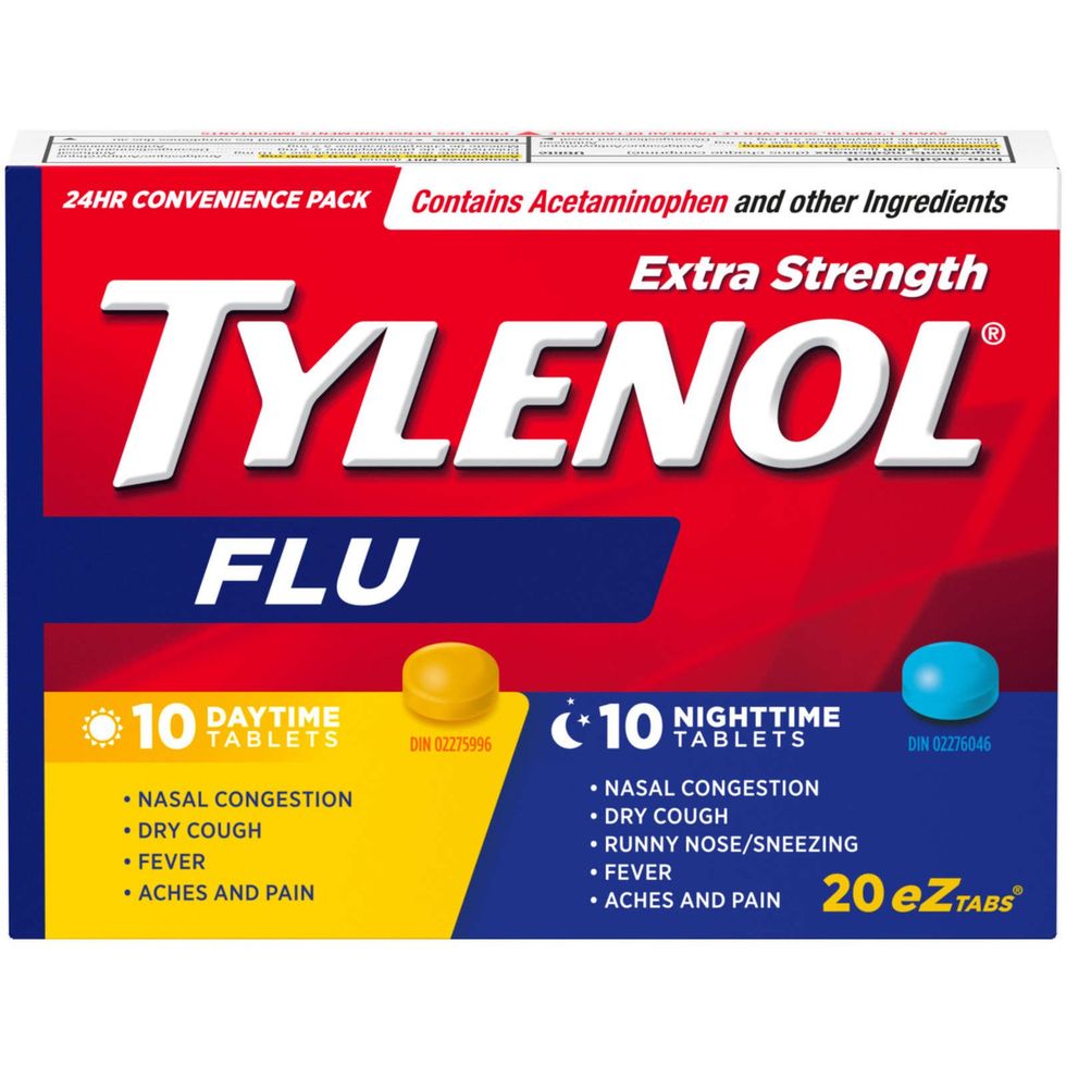 A purple-blue box with red and yellow on it of Tylenol Extra Strength Flu Relief Day/Night, EZTabs, 20 count.
