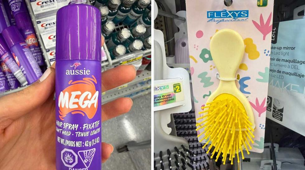 A purple bottle of hair spray. Right: A mini yellow hair brush.