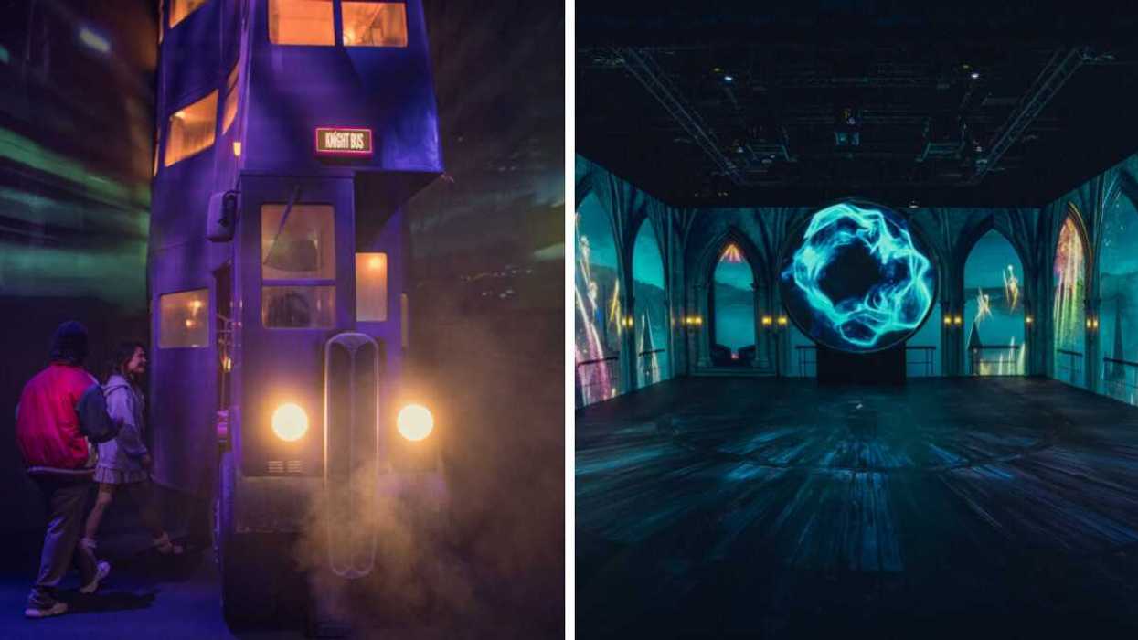 A purple bus. Right: An attraction with glowing projections.