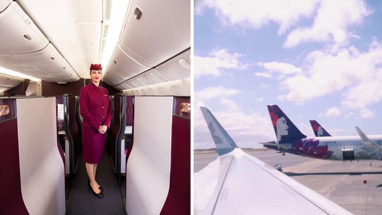 A Qatar Airways cabin crew member in a plane. Right: Hawaiian planes.