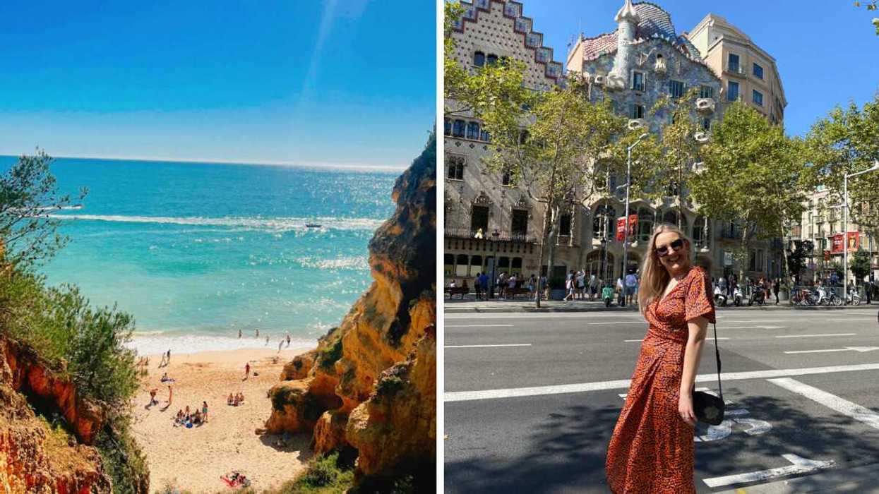 A quaint beach with turquoise water in Faro, Portugal. Right: A woman smiles in Barcelona, Spain.