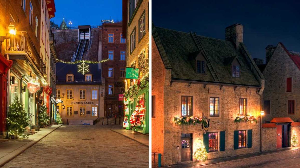 A quaint, cobblestone street surrounded by Christmas decor. Right: A cozy-looking building with glowing lights.