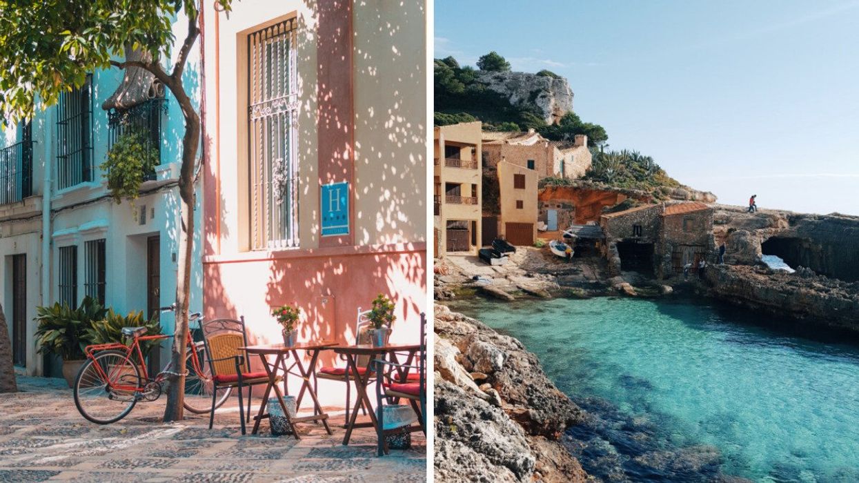 A quaint European street with pastel buildings, a red bicycle, and a sunny café setup. Right: A coastal village with rustic stone houses and clear turquoise water in Spain.