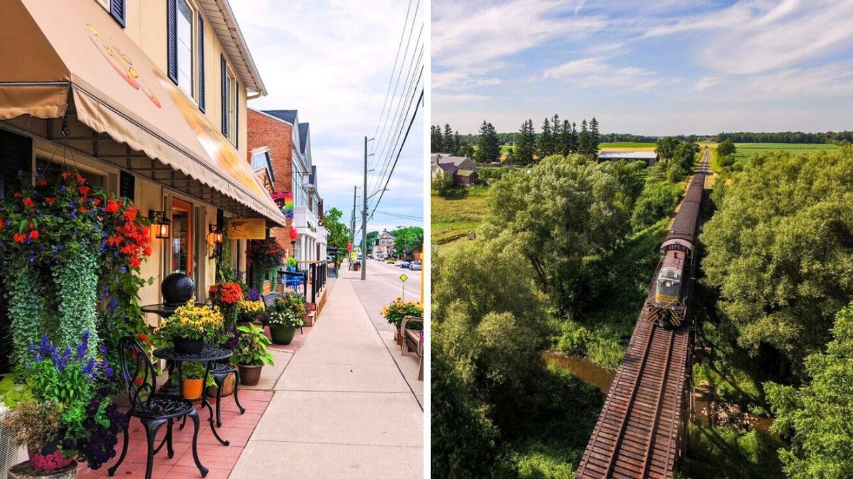 A quaint main street with flowers. Right: A train crossing a bridge.