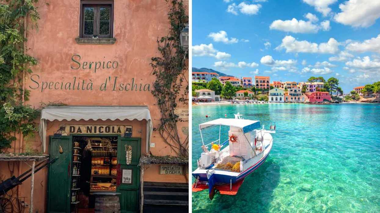 A quaint spot in Ischia, Italy. Right: A small boat on turquoise waters in Kefalonia, Greece.