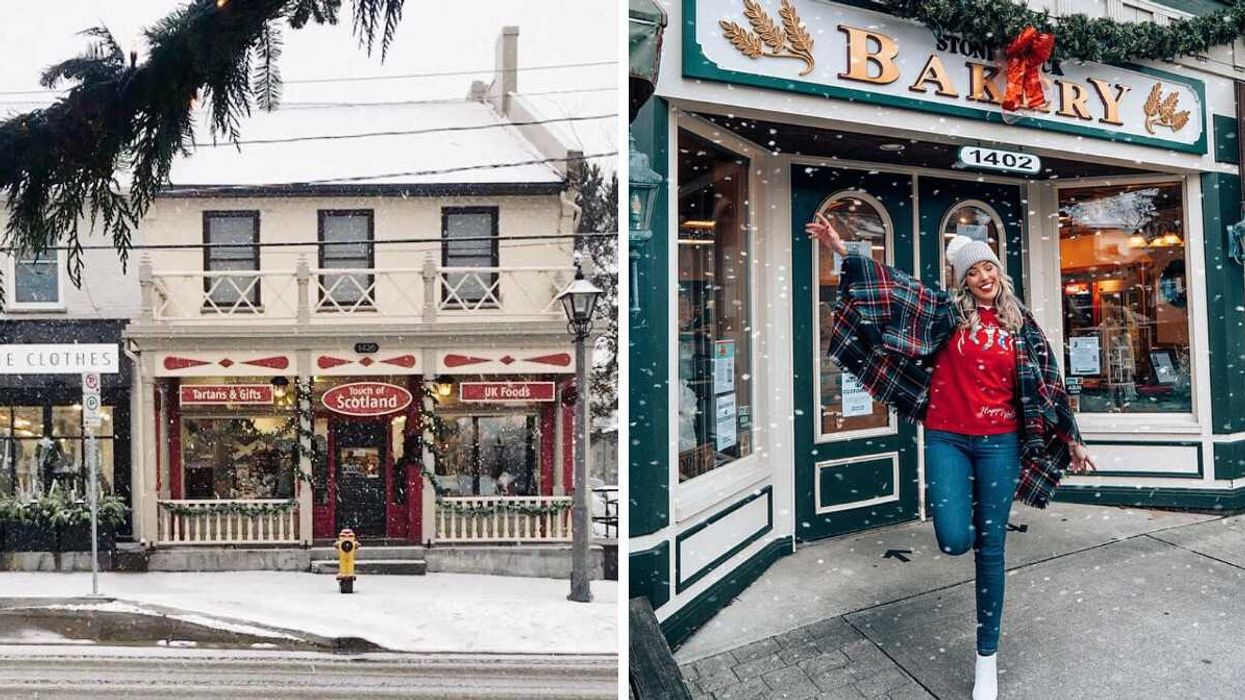 A quaint street during the winter. Right: A person standing in front of a store.