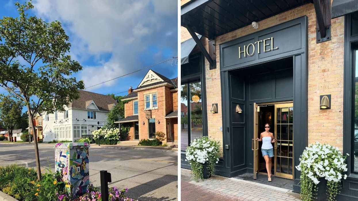 A quaint street. Right: A person standing by a hotel.