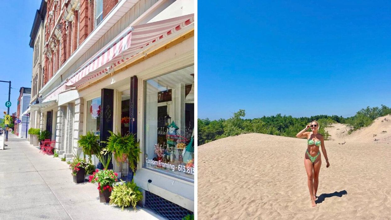 A quaint street. Right: A person standing on a sandy beach.