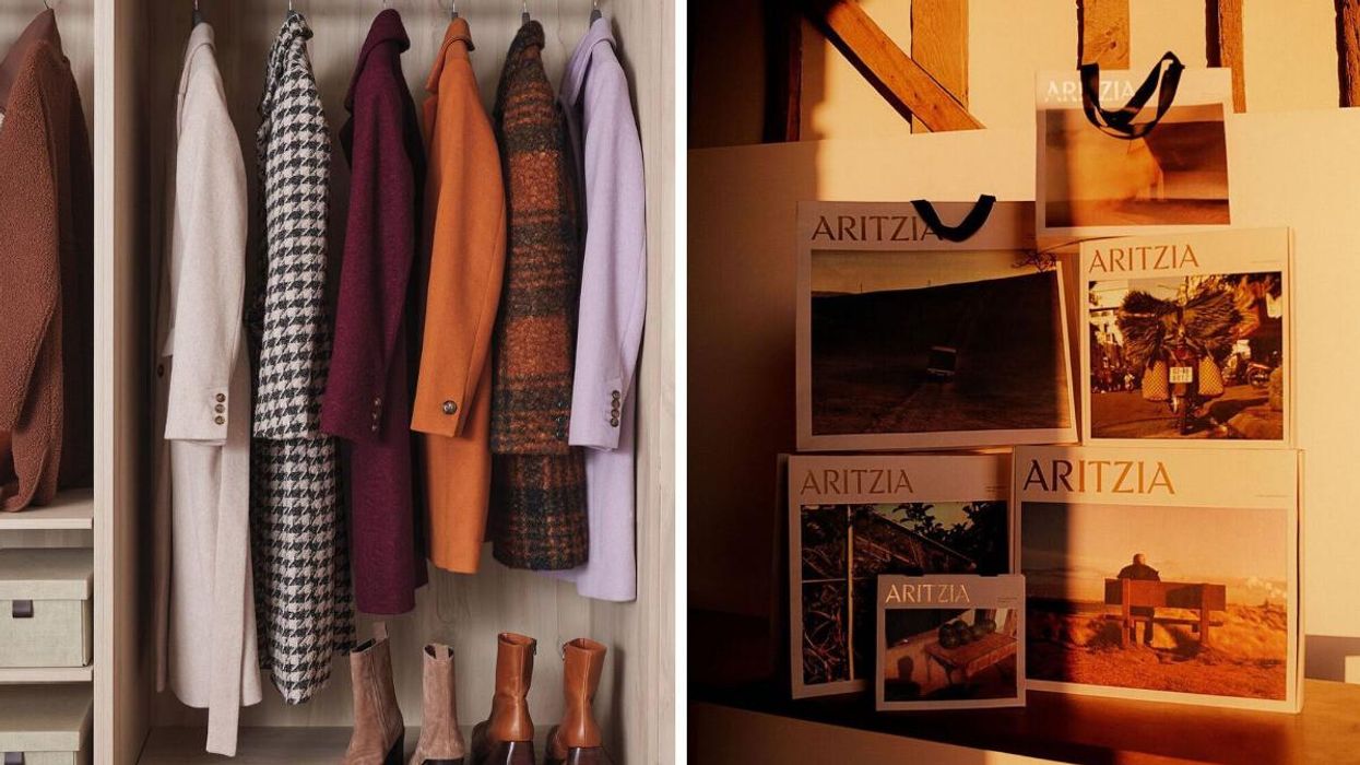 A rack of winter coats. Right: Aritzia shopping bags.