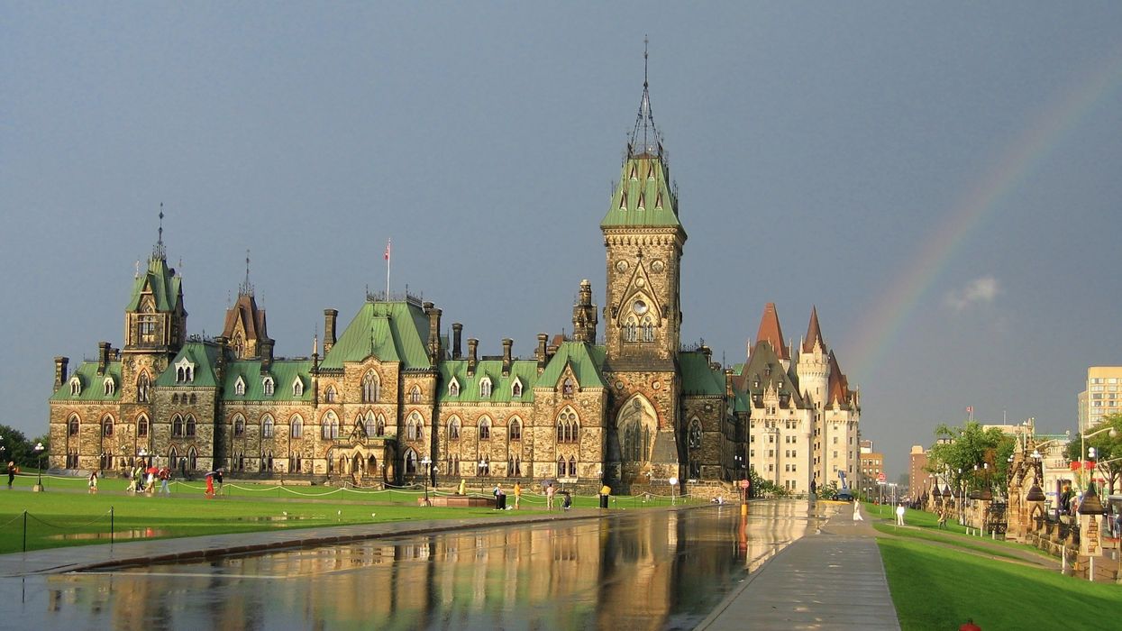 A rainbow appears after a heavy summer thunderstorm at Parliament Hill in Ottawa.