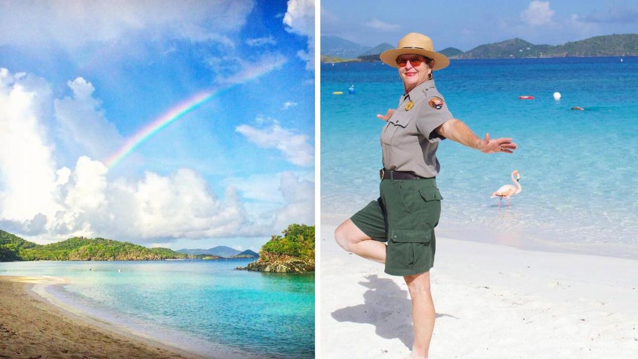 A rainbow casts over a beach on the Virgin Islands. Right: A NPS employee poses in front of flamingos in the ocean.