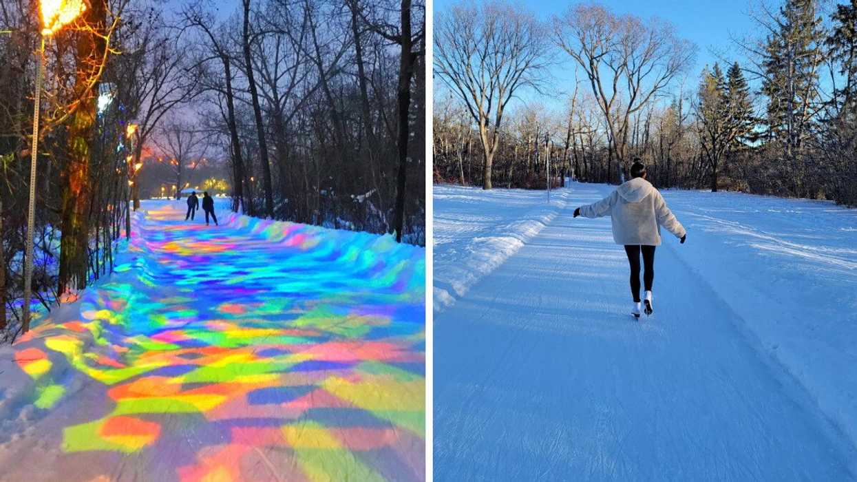A rainbow coloured ice skating path. Right: Someone skating on an outdoor trail.