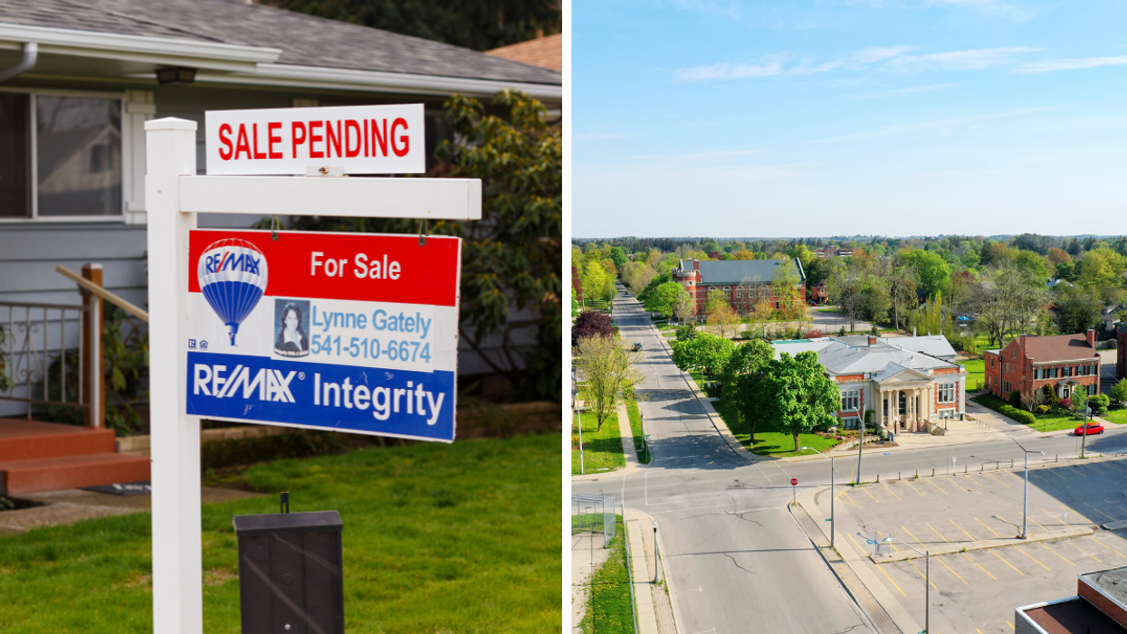 A RE/MAX sale pending sign in front of a home. Right: Woodstock, Ontario.