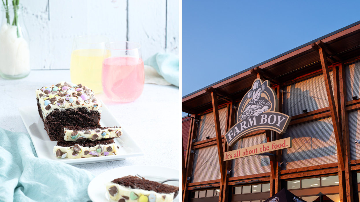 A rectangular chocolate cake decorated with colourful mini eggs and white icing. Right: A Farm Boy logo on a shop front.