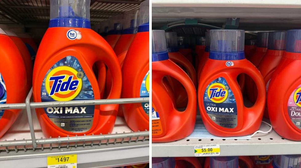 A red and blue bottle that says Tide Oxi Max on a store shelf. Right: A red and blue bottle that says Tide Oxi Max on a store shelf.