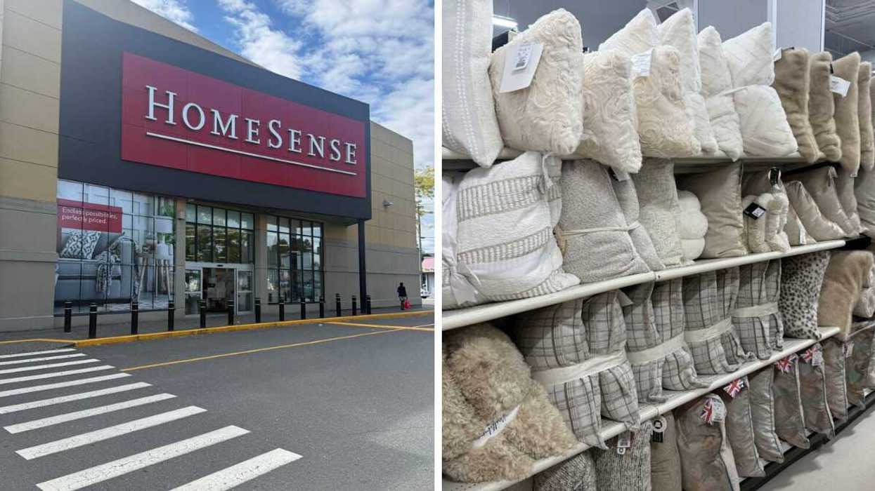 A red and white store sign that says HomeSense. Right: A display of throw pillows in white, beiges and browns.