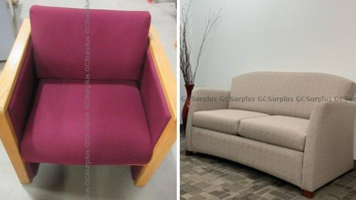 A red chair. Right: A beige couch.