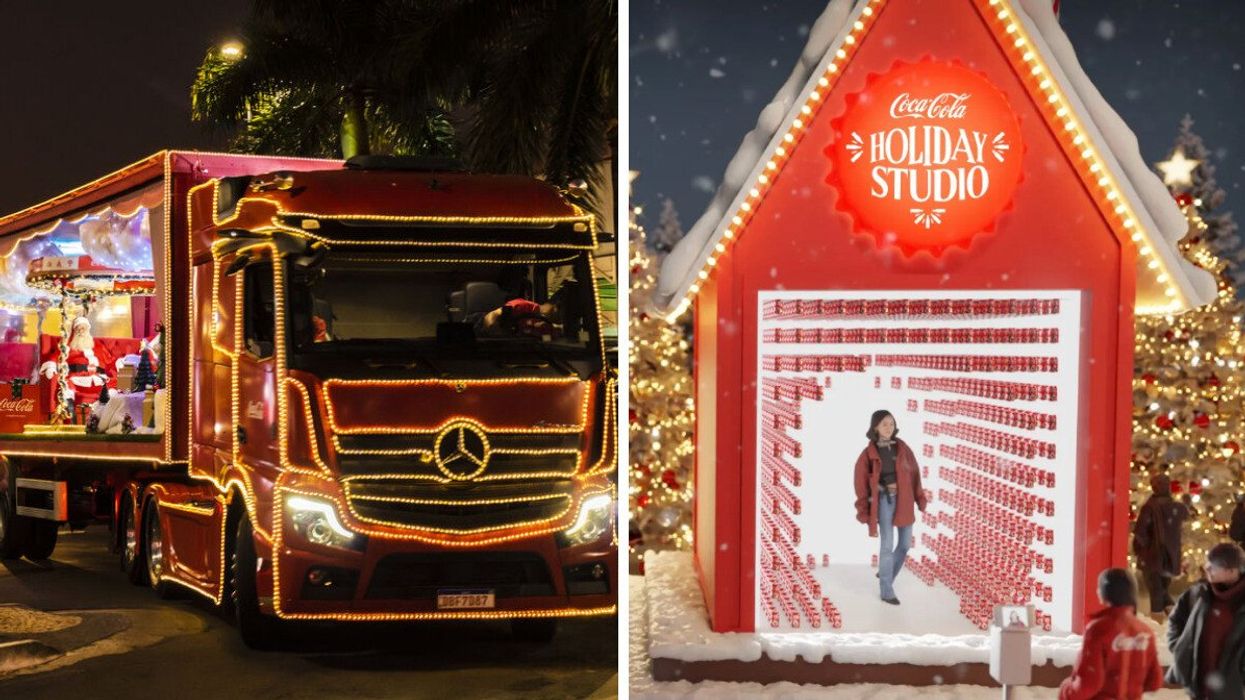 A red Christmas truck with twinkly lights. Right: A rendering of red Christmas studio.