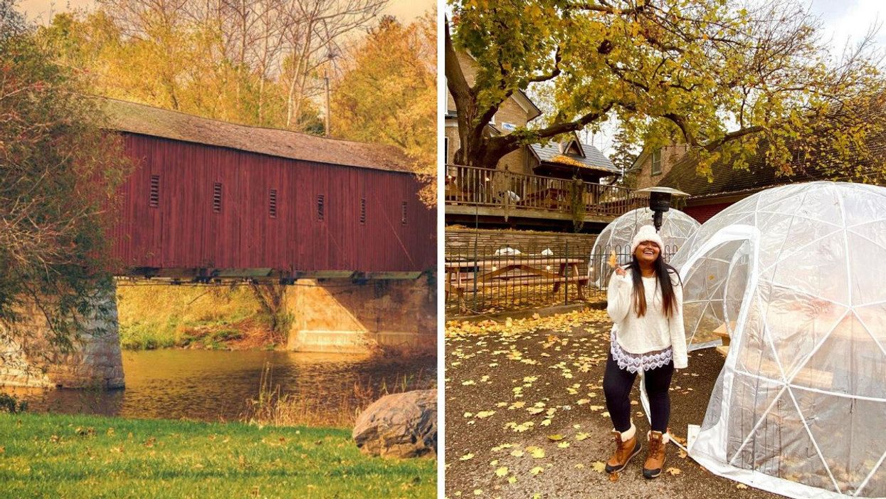 A red covered bridge. Right: A person standing by a dining dome.