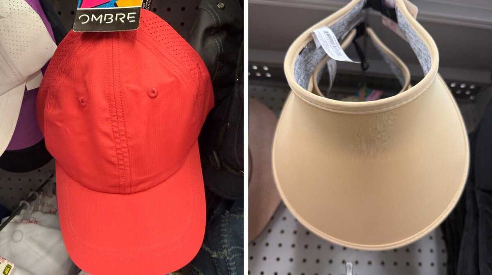 A red hat hanging on a store shelf. Right: A brown visor from Dollarama.