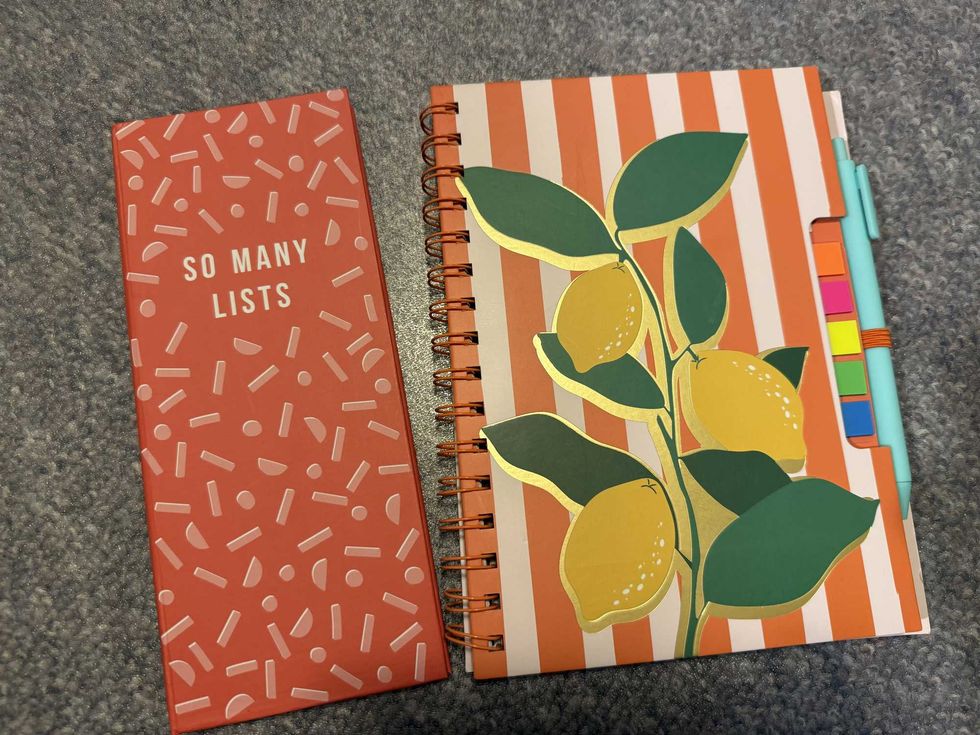 A red notebook that says "so many lists" sitting next to a red and white striped notebook with lemons on it.