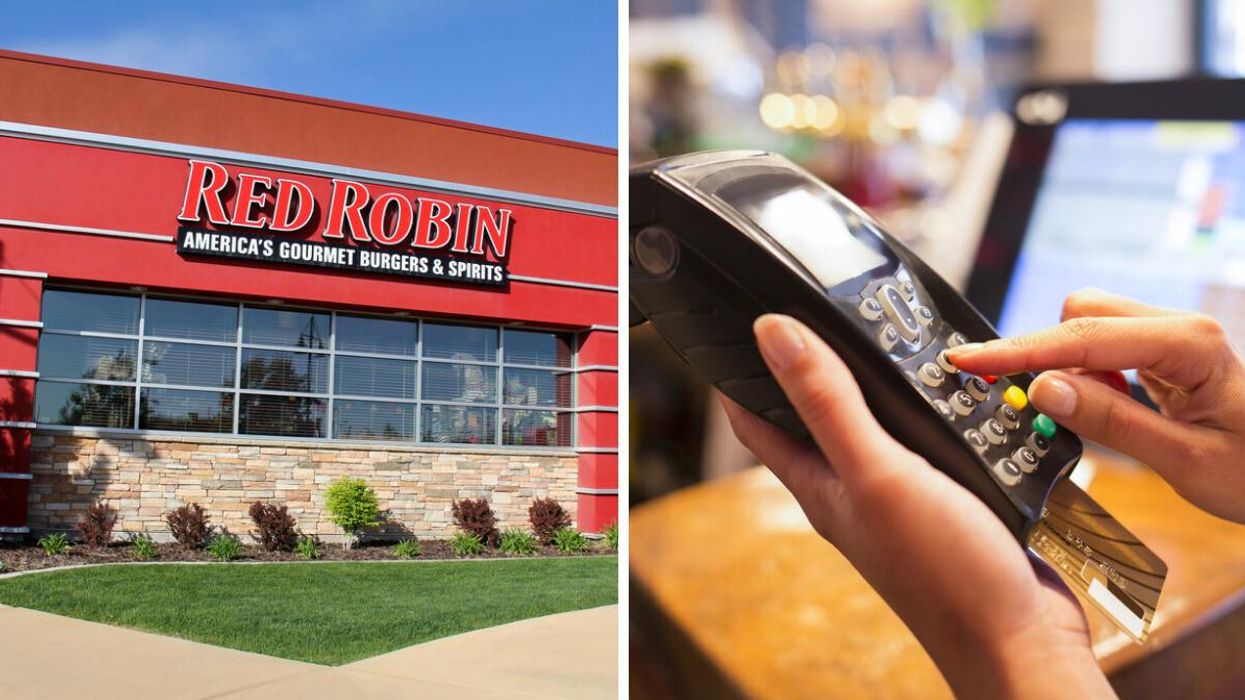 A Red Robin restaurant. Right: A woman pays with a credit card.