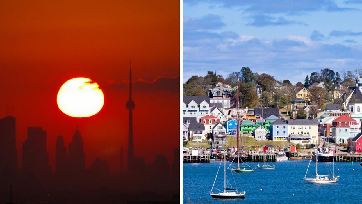 A red sun in Toronto. Right: Lunenburg.