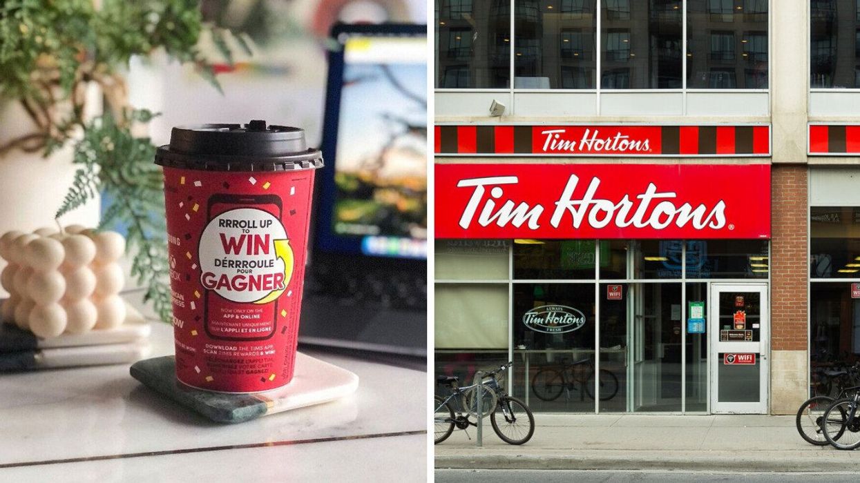 A red Tim Hortons coffee cup sitting on a coaster on a desk with a candle, plant and laptop behind it. Right: A red and white Tim Hortons sign.
