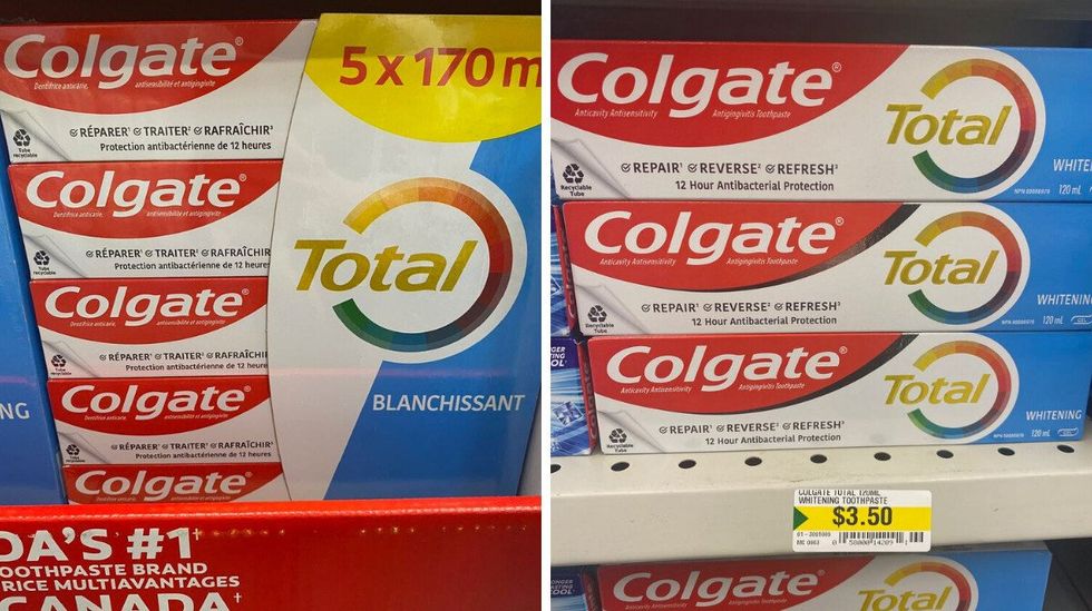 A red, white and blue package of Colgate Total toothpaste. Right: Boxes of toothpaste that say Colgate on a store shelf.