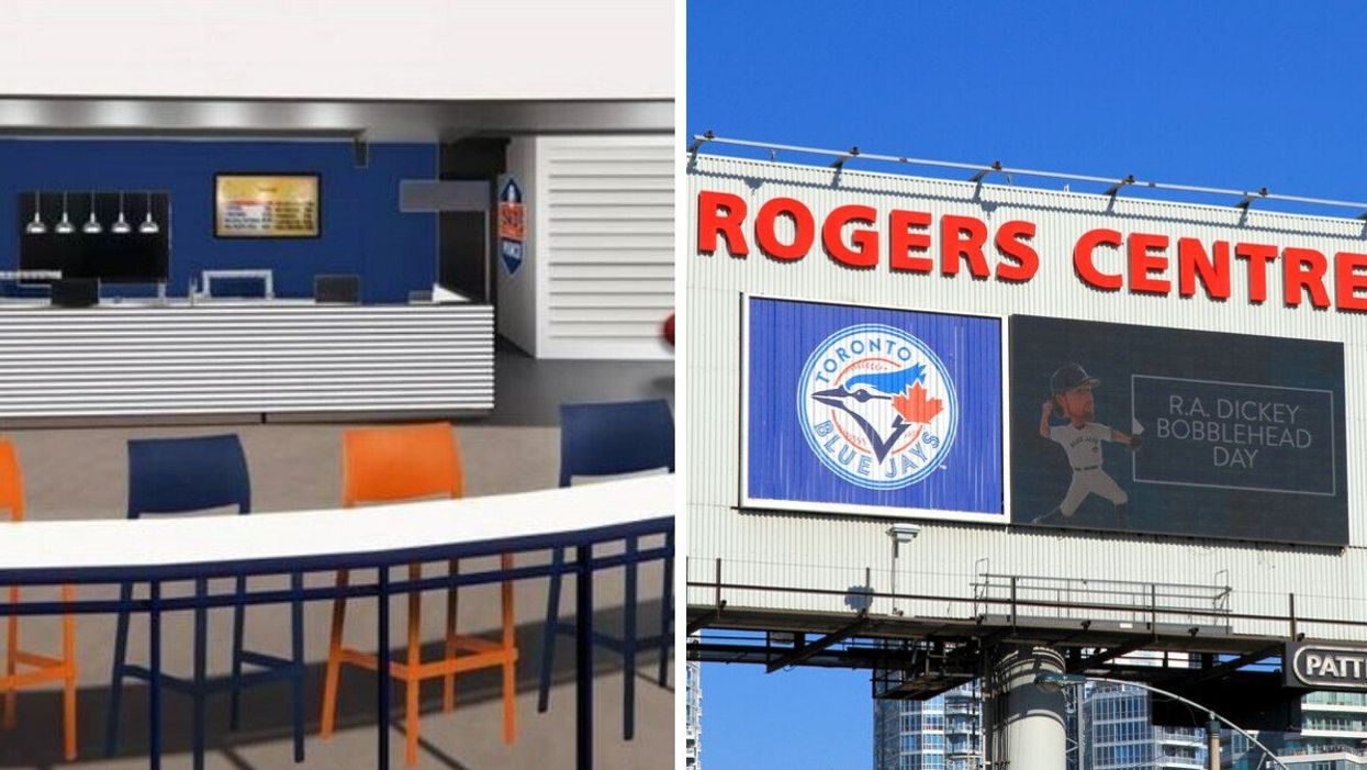 A rendered image of the new Schneiders Porch at Rogers Centre. Right: Rogers Centre Billboard.
