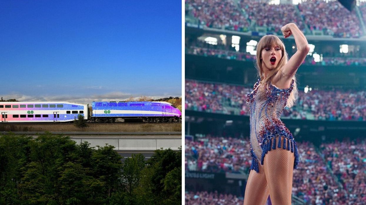 A rendering of a colourful GO Train. Right: Taylor Swift at a concert.
