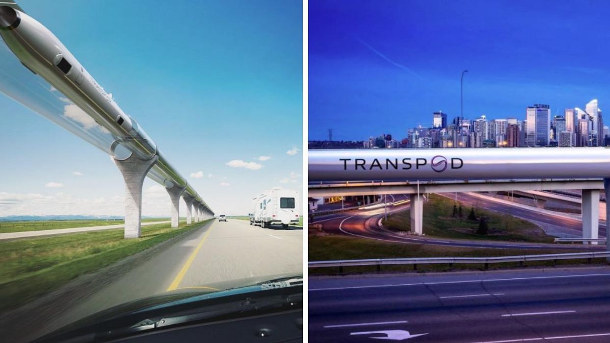 A rendering of the hyperloop line in Alberta. Right: The TransPod hyperloop rendering with a city skyline.