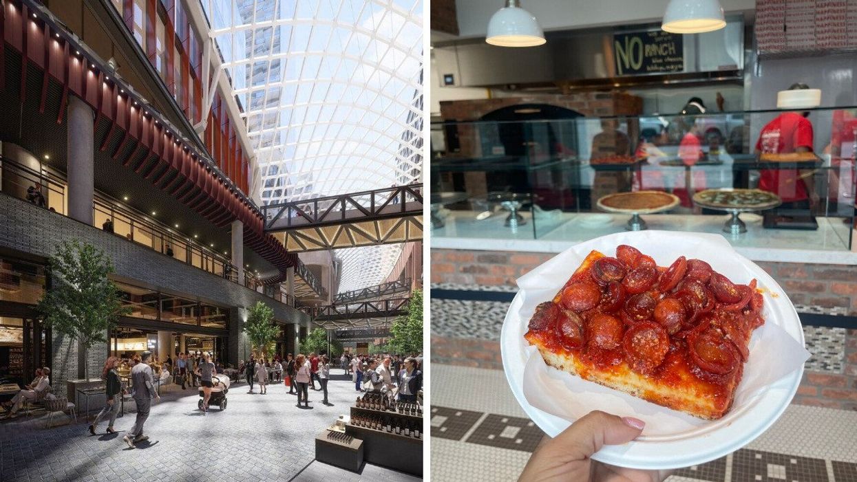 A rendering of The Well. Right: Prince St. Pizza in Toronto.