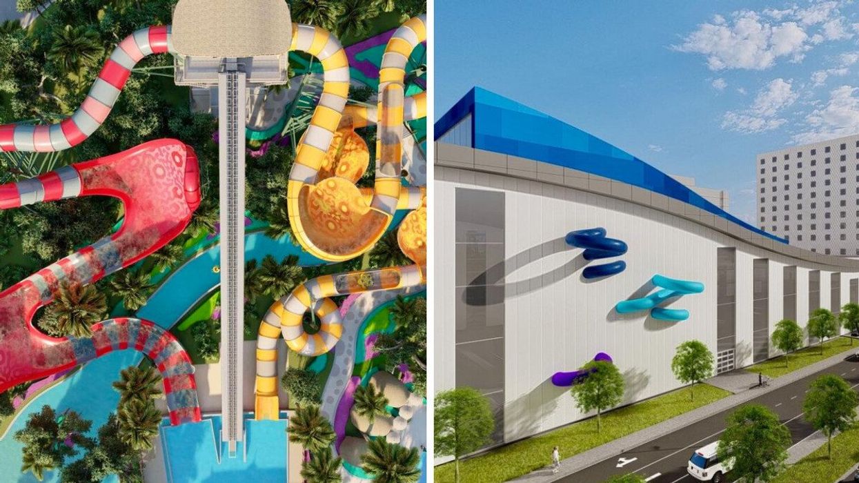 A rendering of water park inspiration. Right: A rendering of the outside of the park.