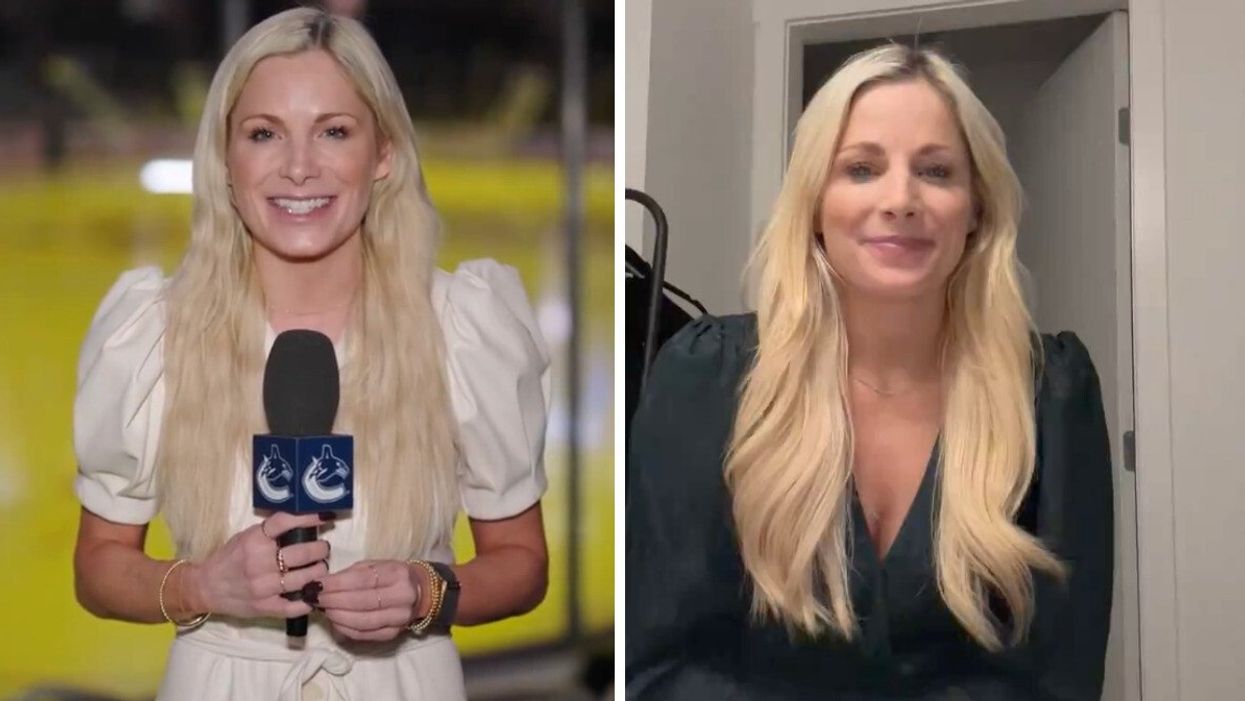 A reporter holding a microphone. Right: A woman smiling at the camera.