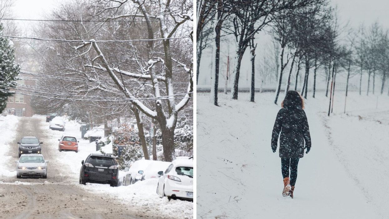 A residential street is seen filled with cars, slushy snow and trees. Right: A person walks outside while snow is falling.