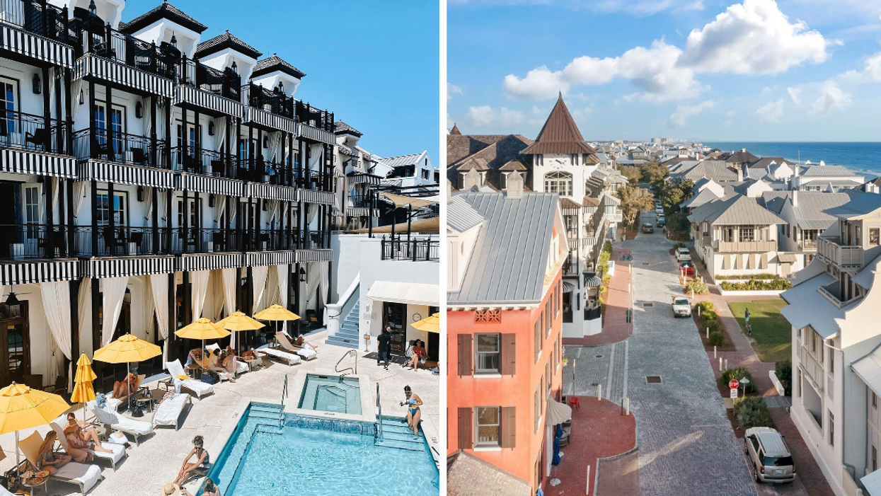 A resort at Rosemary Beach, FL. Right: An overview of the Rosemary Beach beach town.