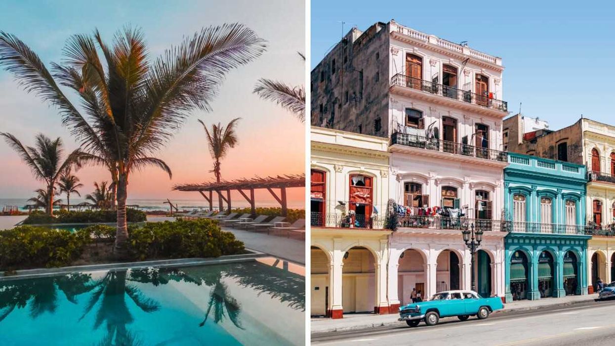 A resort pool surrounded by palm trees with a soft sunset. Right: A colourful strip of buildings in Havana, Cuba.