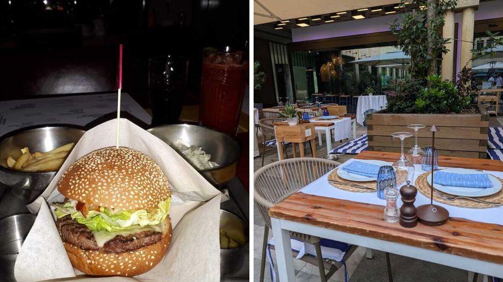 A restaurant burger. Right: A cozy restaurant.