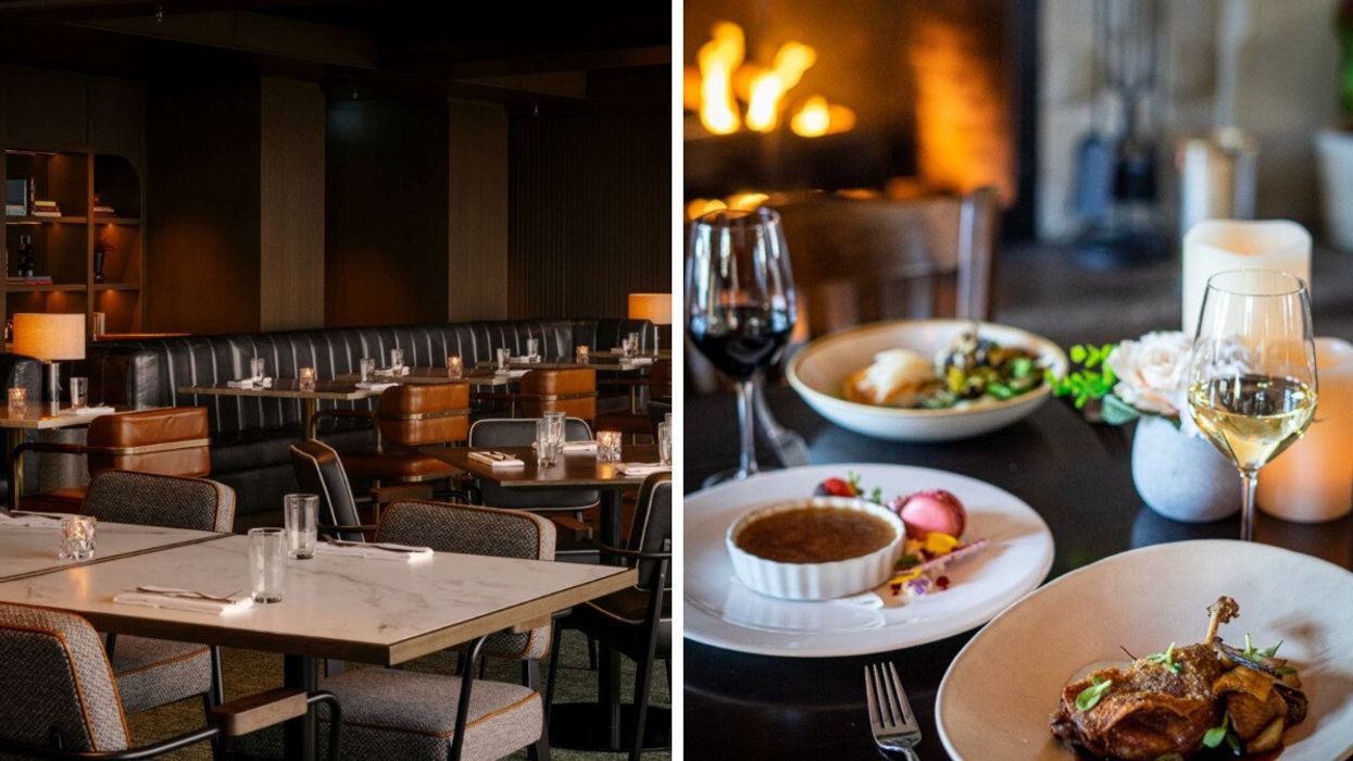 A restaurant interior. Right: Dinner plates.