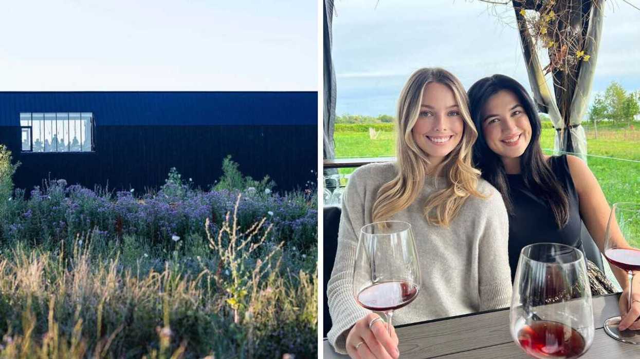 A restaurant surrounded by gardens. Right: Two people sitting on a restaurant patio.