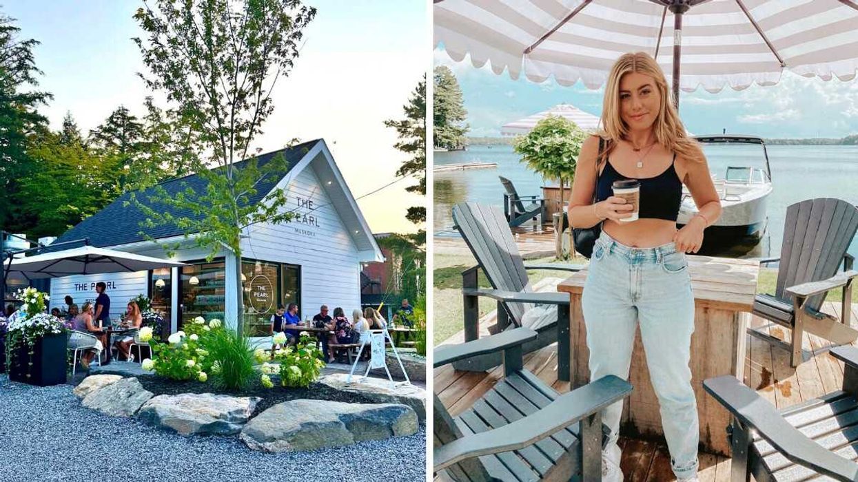 A restaurant with a patio. Right: A person standing on a patio by the water.