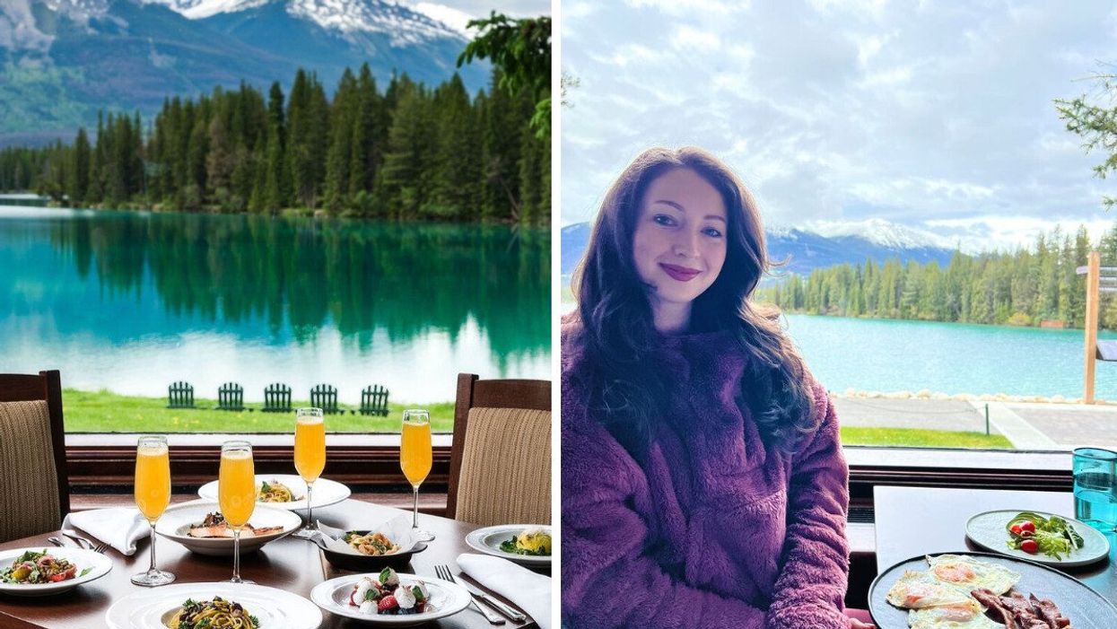 A restaurant with mountain views. Right: A person sitting at a restaurant.