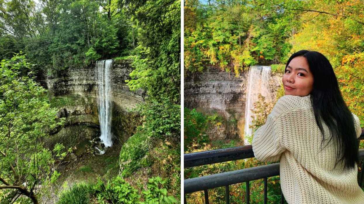 A ribbon waterfall. Right: A person standing by a waterfall.