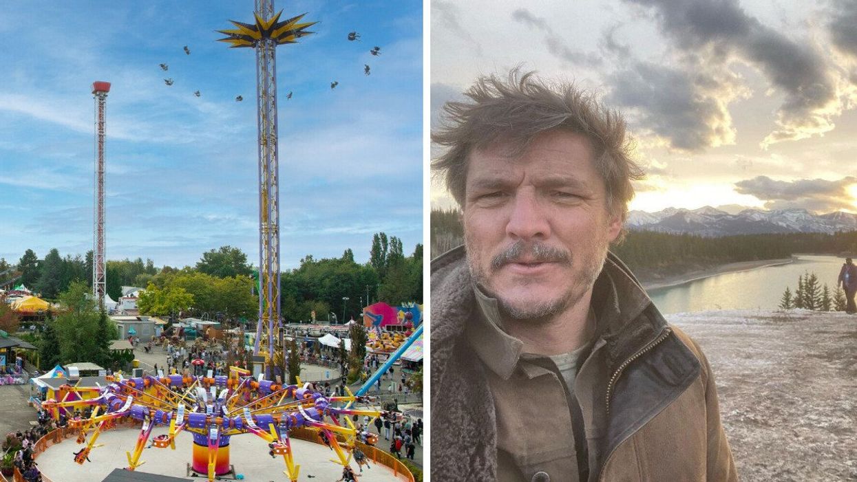A ride at an amusement park. Right: A man taking a selfie.