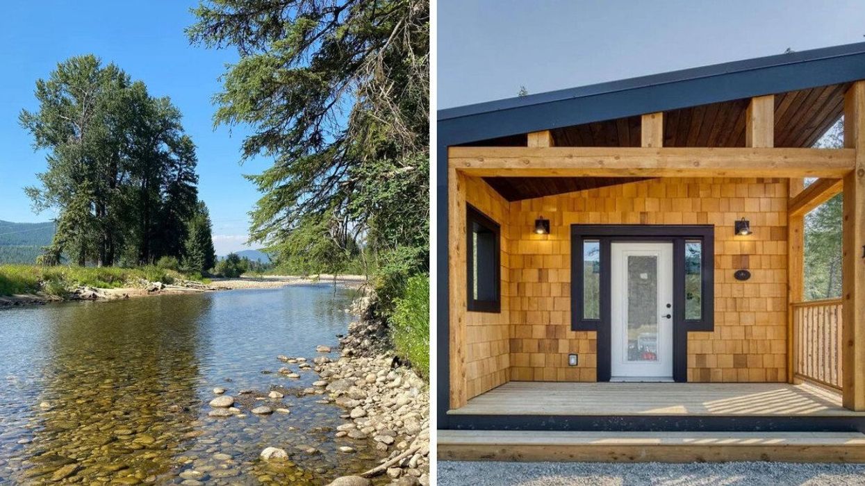 A river. Right: A cabin for sale in B.C.