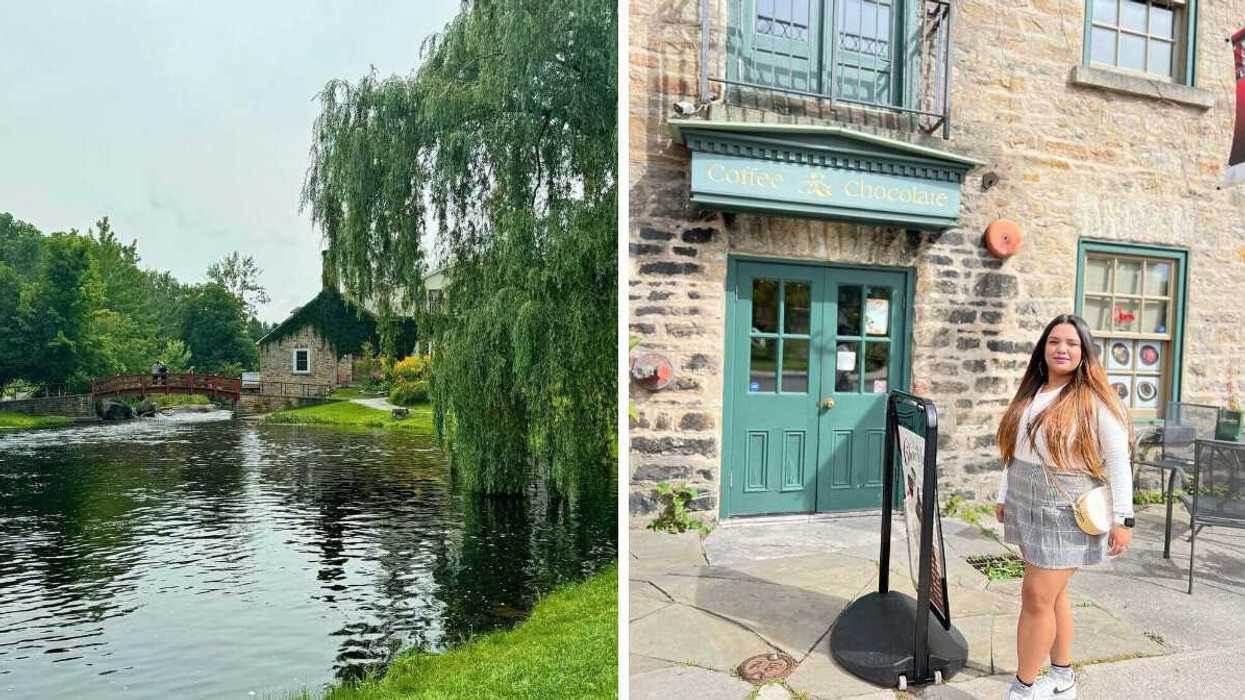 A river with a bridge and willow tree. Right: A person standing by a stone building.