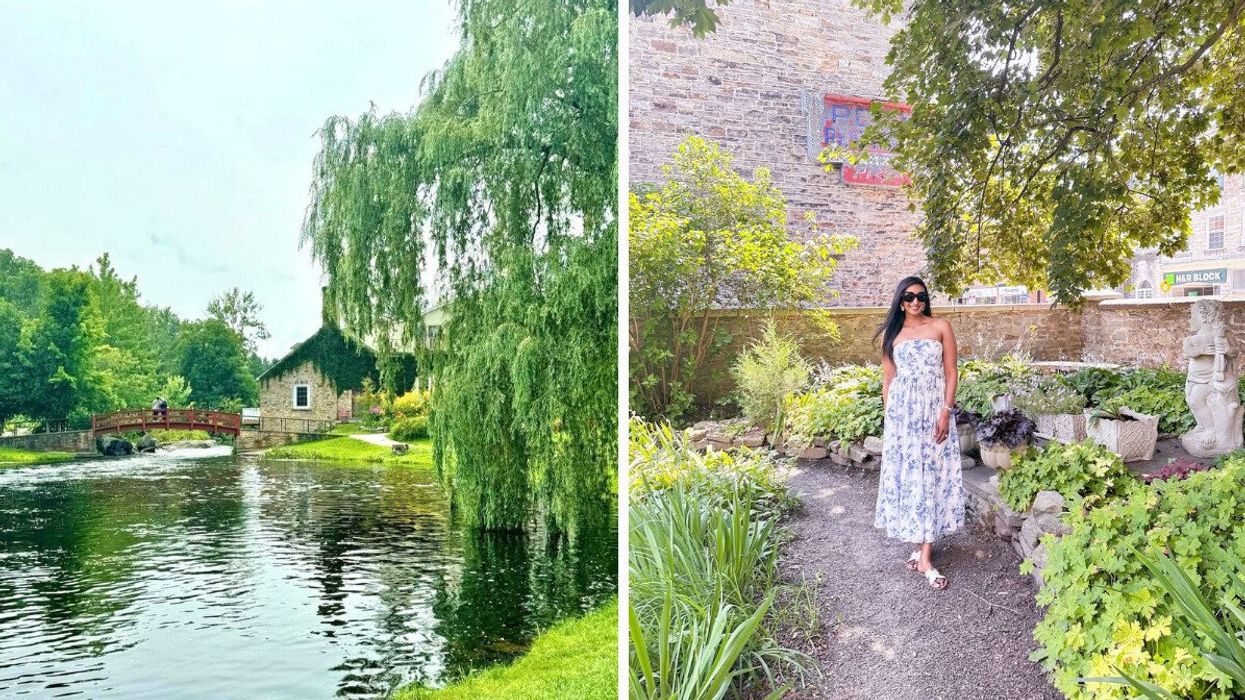 A river with a bridge over it. Right: A person standing by a stone building.