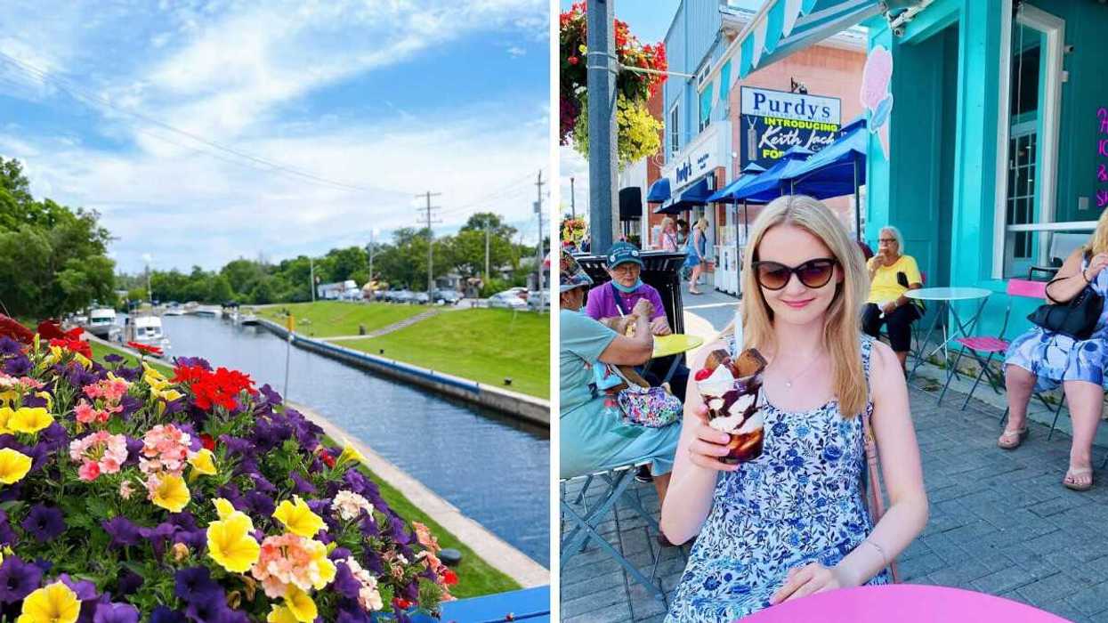 A river with flowers lining it. Right: A person eating ice cream.